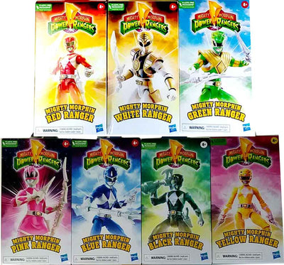 Power Rangers Mighty Morphin 6 Inch Action Figure VHS Exclusive - Set of 7 (Pink-Blue-Green-White-Red-Yellow-Back)