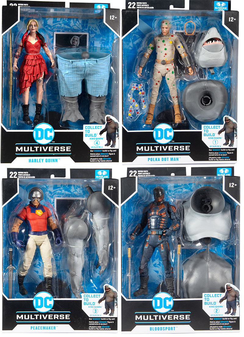 DC Multiverse Suicide Squad 7 Inch Action Figure BAF King Shark - Set of 4 (Harley - Peacemaker - Polka - Bloodsport)