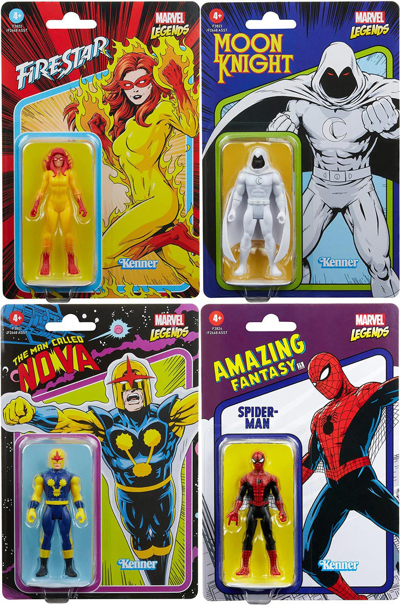 Marvel Legends Retro 3.75 Inch Action Figure Wave 7 - Set of 4 (Nova - Spider-Man - Moon Knight - Firestar)